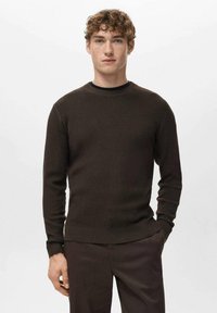Brauner, gerippter Strickpullover mit rundem Ausschnitt und langen Ärmeln, kombiniert mit dunkler Hose. Die Struktur ist modern und strukturiert.