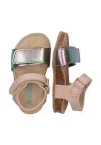 Roze leren sandalen met een glanzende iriserende band, kurken zool en verstelbare gesp. Geprofileerde voetbed voor comfort.