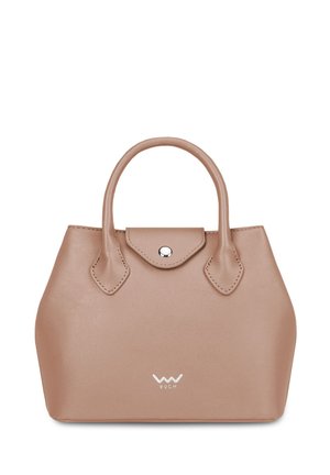 Tan faux leather handbag with a structured shape, rounded handles, snap closure, and a silver accent. Features a logo at the base.