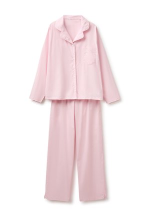 Lichtroze pyjamabloes met lange mouwen, knopen, kraag en borstzak, gecombineerd met bijpassende wijde pyjamabroeken.