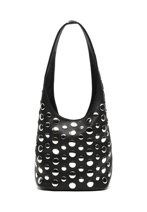 Black leather handbag with large circular cutouts and circular metallic accents. Curved shoulder strap and hobo-style shape.
