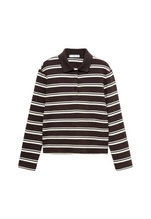 Brun og hvid stribet langærmet polo skjorte med krave, som har tre knapper og et cropped design. Blødt stof med en glat tekstur.