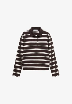 Bruine en witte gestreepte lange mouw polo met een kraag, voorzien van drie knopen en een cropped ontwerp. Zacht stof met een gladde textuur.