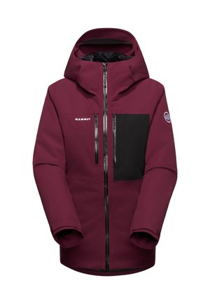 Bordeauxfarbene wasserdichte Jacke mit einer schwarzen Brusttasche, Reißverschluss und Kapuze. Mit Logo auf der linken Seite und schlankem Design.