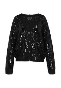 Zwarte pailletten cardigan met een V-hals, lange mouwen, sluiting met vijf knopen en een textuurafwerking. Kenmerkt zich door een iets kortere pasvorm.
