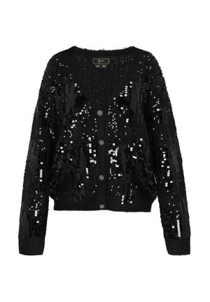 Czarny kardigan z cekinami, z dekoltem w kształcie litery V, długimi rękawami, zapięciem na pięć guzików i teksturowanym wykończeniem. Posiada lekko skrócony krój.