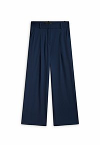 Pantalon large bleu marine avec une texture lisse, doté de plis à l'avant, de passants pour ceinture et de deux poches latérales. Coupe ajustée pour un style décontracté.