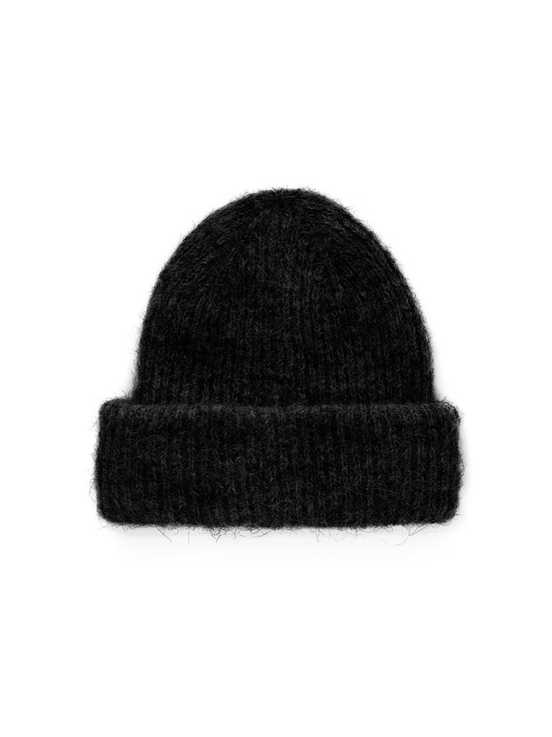 Μαύρο πλεκτό σκουφί φτιαγμένο από μαλακό, υφασμένο υλικό. Διαθέτει παχύ γυριστό ρεβέρ και στρογγυλή κορυφή για άνετη εφαρμογή.