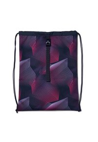 Drawstring bag with a geometric pattern in dark blue, pink, and purple. Made of fabric with a smooth texture; features a central strap closure.