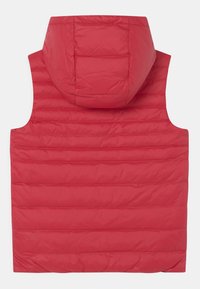 Red puffer vest with a hood, featuring quilted design and horizontal stitching. Smooth texture, lightweight, with no visible hardware or accents.