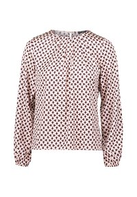 Langärmlige Bluse in Hellpink mit einem geometrischen Muster in Dunkelpurpur. Verfügt über einen runden Halsausschnitt und geraffte Bündchen für eine lockere Passform.