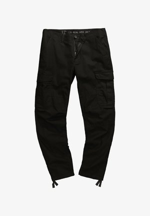 Pantalons cargo noirs en coton avec plusieurs poches, une fermeture éclair et des poignets réglables. Ils présentent une coupe décontractée et des coutures plates.