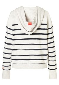 Sudadera con capucha a rayas en gris claro con rayas en azul marino. Presenta un corte relajado y un logo de parche en la manga. Textura suave y peso medio.