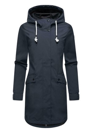 Navy waterproof jacket with a hood, snap closures, drawstring accents, two front pockets, and a slightly longer back hem.