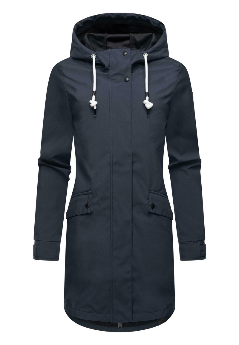 Jūrinė vandeniui atspari striukė su kapišonu, užsegimais su snapeliais, raištelių akcentais, dviem priekinėmis kišenėmis ir šiek tiek ilgesniu nugaros kraštu.