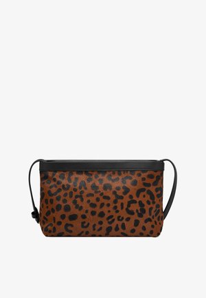 Leopard print bag with brown hairy texture and black leather accents. Features a slim shape with a detachable shoulder strap.