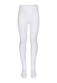 Weiße Leggings aus dehnbarem Material mit glatter Textur, ausgestattet mit einem hohen Taillenbund und einem taillierten Design, das für verschiedene Aktivitäten geeignet ist.