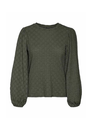 Grön texturerad blus med långa puffärmar, rund halsringning och en avslappnad passform. Har ett subtilt, upphöjt mönster genom hela tyget.