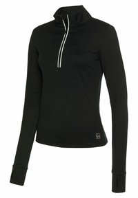 Schwarzes Quarter-Zip-Pullover aus glattem Material, mit hohem Kragen, reflektierendem Reißverschluss und Daumenlöchern an den Bündchen.