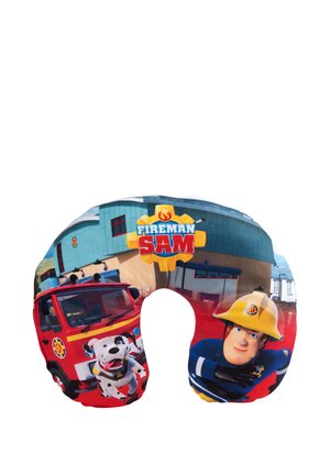 U-shaped neck pillow featuring Fireman Sam, a red fire truck, a dalmatian dog, and a fire station building.