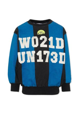 Niebiesko-czarna paskowana bluza z białymi pogrubionymi literami i cyframi "W021D UN173D" oraz żółtym logo "UNITY" u góry.