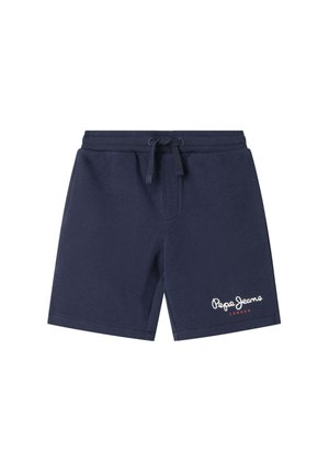 Pantaloni corti in cotone blu navy con vita elastica, coulisse e testo bianco del logo sul lato sinistro inferiore. Texture liscia, design casual.