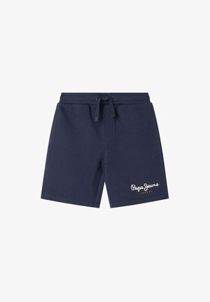 Tumši zilas kokvilnas šorti ar elastīgu jostasvietu, auklu un baltu logo tekstu apakšējā kreisajā pusē. Gluda faktūra, ikdienišķs dizains.