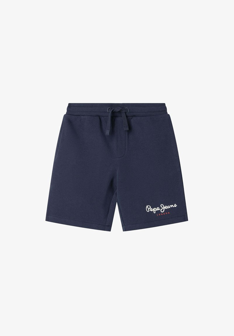 Pantalones cortos de algodón azul marino con cintura elástica, cordón y texto de logo blanco en la parte inferior izquierda. Textura suave, diseño informal.