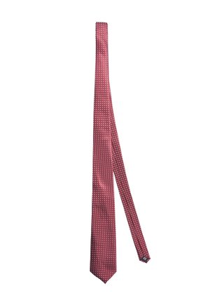 Cravatta di seta bordeaux con un design sottile, caratterizzata da pois bianchi. La punta è appuntita e il tessuto ha una texture liscia e lucida.