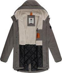 Gray outer jacket with a cozy white fluffy lining and black quilted inner layer. Features a zipper, buttons, and an orange label inside.