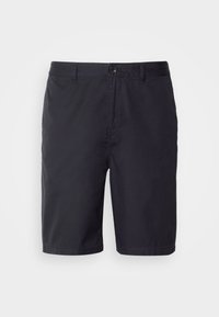 Mørkeblå shorts laget av lett bomullsstoff, med knappefeste, beltehemper og rett snitt over kneet.