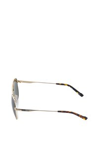 Lunettes de soleil en métal doré avec des verres foncés, dotées de branches incurvées au motif écaille de tortue et de plaquettes de nez transparentes pour un confort optimal.