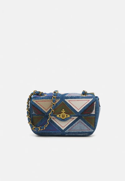 Denim crossbody bag featuring multicolored geometric patterns in blue, green, red, and white, with a gold chain strap and clasp closure.