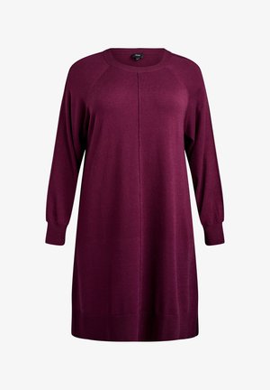 Ilgas rankoves slyvų spalvos megztas tunika su apvalia kaklo linija, ribotais rankogalais ir vertikaliu siūlu per vidurį priekyje.