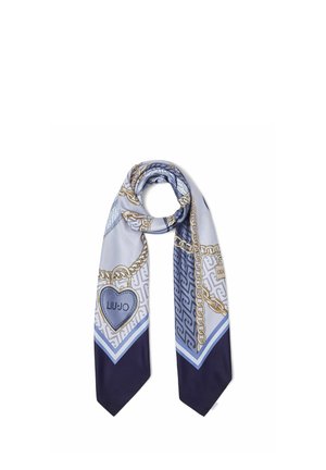 Pañuelo de seda con cadena dorada y patrón de candados en forma de corazón en tonos azules, con el texto "LIU JO" en uno de los candados en forma de corazón.