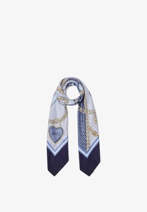 Pañuelo de seda con cadena dorada y patrón de candados en forma de corazón en tonos azules, con el texto "LIU JO" en uno de los candados en forma de corazón.