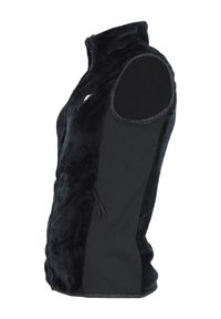 Gilet en polaire noir avec fermeture éclair, col montant, poches latérales et accents en panneau de polyester, présentant une texture douce et une coupe ajustée.