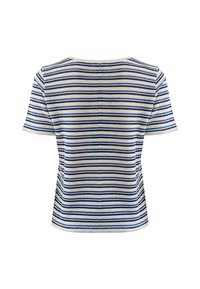 Pruhované tričko s krátkým rukávem v modré, námořnické a bílé barvě. Má kulatý výstřih a obepnutý střih s texturovanou pleteninou.