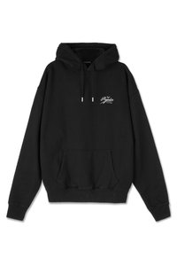 Black hoodie with a kangaroo pocket, drawstring hood, ribbed cuffs and hem, and a white logo on the left chest. Soft fabric texture.