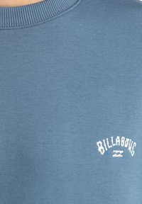 Suéter azul hecho de una tela suave, con un cuello acanalado y un logo bordado en blanco en el pecho. Textura suave por toda la prenda.