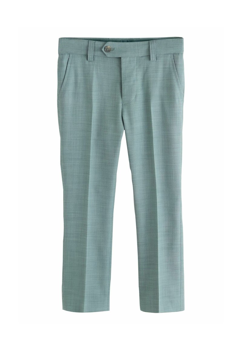Pantalons vert clair avec un motif texturé, dotés d'une fermeture à bouton et de poches latérales. Coupe droite avec un design à la coupe classique.