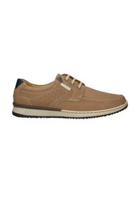 Scarpa in pelle marrone chiaro con design perforato, punta rotonda, suola intermedia crema, dettaglio tacco scuro e chiusura con lacci a tre asole.
