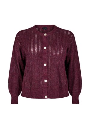 Burgundy knit cardigan with a round neckline, long sleeves, and button closure. Features open stitch patterns and ribbed accents.
