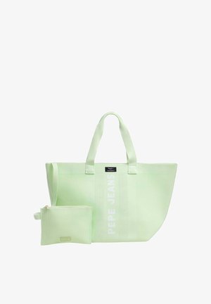 Bolsa tote de malla verde claro con dos asas y un estuche con cremallera a juego, con el texto vertical "PEPE JEANS" en la parte delantera.
