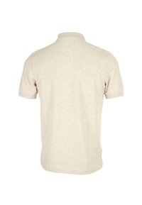Licht beige poloshirt met korte mouwen, gemaakt van zacht materiaal, met een klassieke kraag en een rechte onderrand met een minimale textuur.