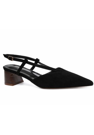 Schwarzer Velourslederslingback-Schuh mit spitzer Zehenpartie und klobigem Holzabsatz, ausgestattet mit doppelten Riemen und einer goldenen Schnalle.