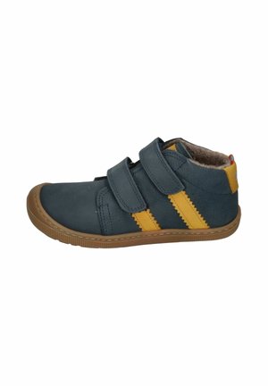Children's dark blue sneaker with yellow stripes, two Velcro straps, brown sole, and soft inner lining.