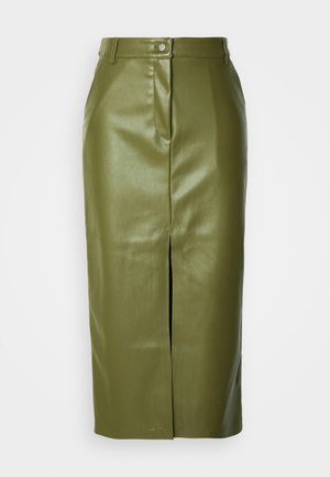 Olive green faux leather midi skirt with a front slit, featuring a button closure and subtle sheen, designed with a fitted silhouette.