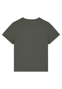 Olijfgroene T-shirt met korte mouwen, een ronde hals en een gladde, textuurstof; geen zichtbare patronen of logo's op de achterkant.