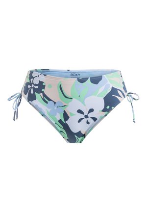 Hoge taille bikini broekjes in een bloemenprint, met tinten blauw, groen en beige, en verstelbare strikjes aan de zijkanten. Roxy-logo aan de achterkant.